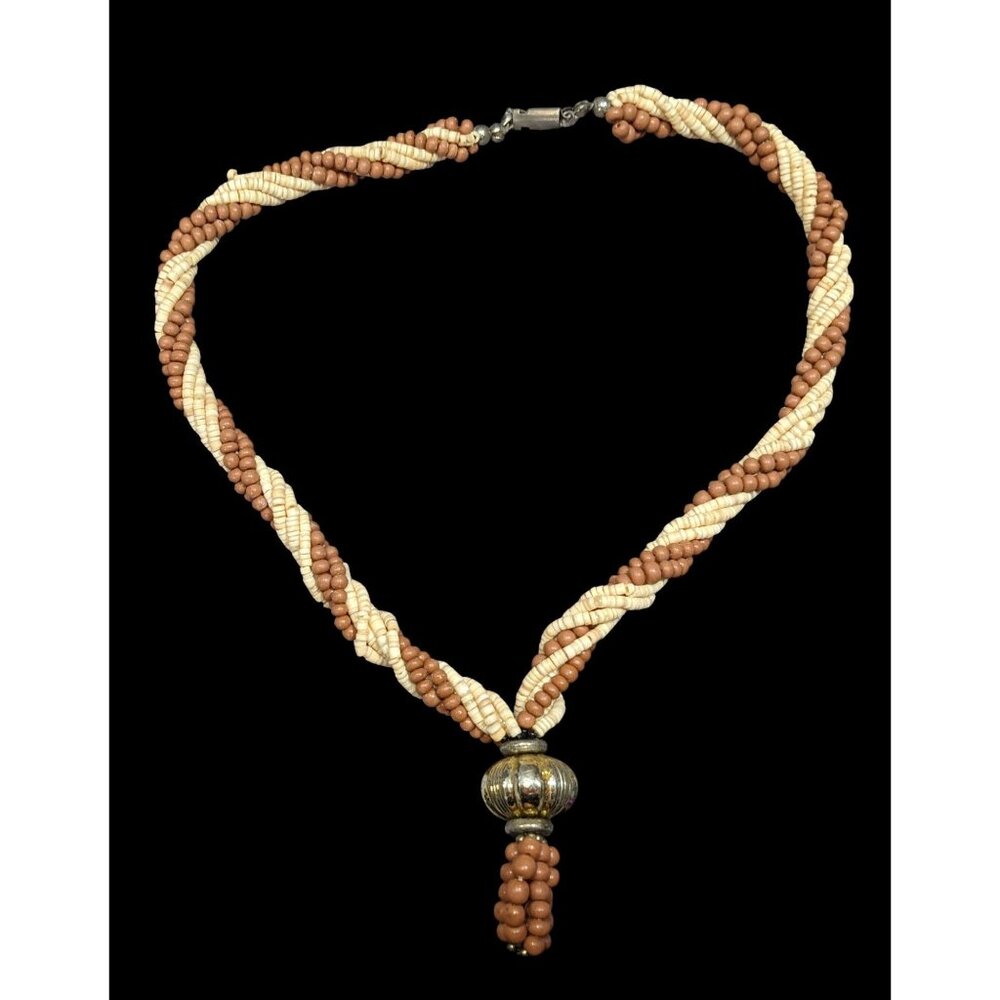 Vintage Rustic Brown And Cream Shell And Wood Beaded Necklace With Gold Tone Bau